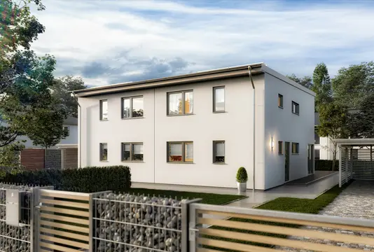 Doppelhaus-Aura-136-Pultdach-Strasse Das Doppelhaus Aura 136 - Straßenansicht.